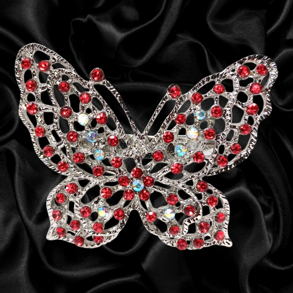 NWT SILVER TONE Red Rhinestone Butterfly Brooch Pin Crystal Jewelry Gift